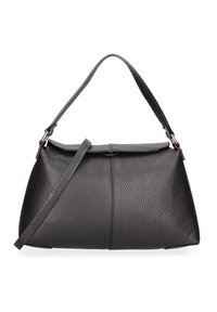 Sac à main en cuir noir texturé avec une poignée courte et une longue bandoulière, de forme rectangulaire avec une fermeture à rabat en haut.