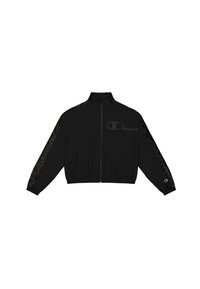 Veste noire courte avec col haut, fermeture éclair à l'avant et poignets élastiques. Présente un logo bien visible et un design de ligne ondulée le long des manches.