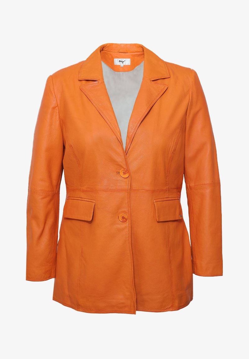 Orangene Lederblazer mit Reverskragen, zwei Vorderaschen und einem Zweiknopfverschluss. Glatte Textur mit taillierter Passform.