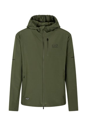 Giacca con zip verde oliva con cappuccio, dotata di una tasca sul petto con zip, due tasche laterali e un logo discreto sul petto e sull'orlo.