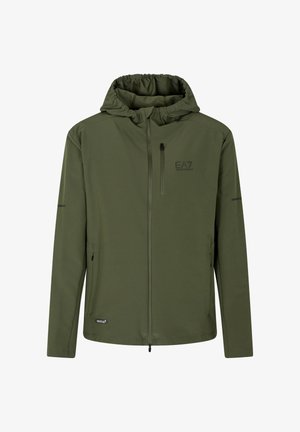 Giacca con zip verde oliva con cappuccio, dotata di una tasca sul petto con zip, due tasche laterali e un logo discreto sul petto e sull'orlo.