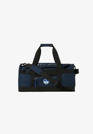 Sac de sport North Sails bleu marine et noir avec double poignée, bandoulière ajustable, poche avant zippée et écusson logo.