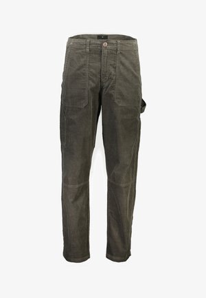 Kordhosen in dunklem Olivgrün mit geradem Bein, mehreren Taschen und einem Knopfverschluss an der Taille.