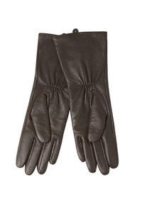 Brune læderhandsker med samlet håndledsdesign; glat tekstur og tætsiddende stil; fire fingre og tommel med separate spidser for god fingerfærdighed.