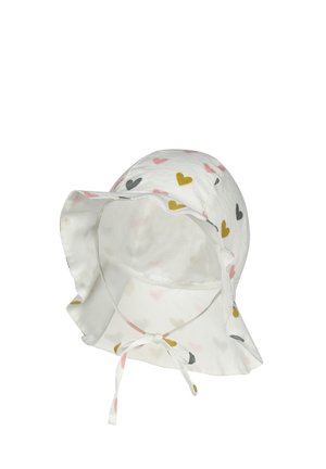 Cappellino da sole bianco per bambini con motivi a cuori rosa, gialli e grigio scuro, caratterizzato da una tesa larga e laccetti sotto il mento.