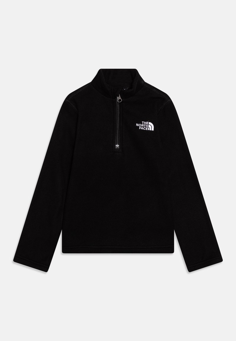Pullover in pile nero con mezza zip, colletto alto e logo sul petto. Presenta maniche lunghe e una texture liscia.