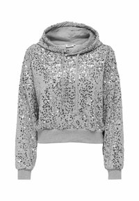 Hoodie sa srebrnim šljokicama s mekim sivo-građenim unutarnjim dijelom, dugim rukavima, kapuljačom s vezicom, te rebrastim manžetama i rubom. Skraćeni dizajn.
