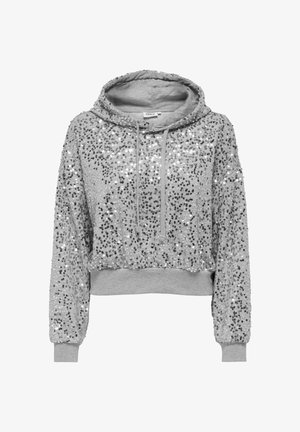 Hoodie d'argento con paillettes, foderato in morbido tessuto grigio, maniche lunghe, cappuccio con coulisse e polsini e orlo a coste. Design accorciato.