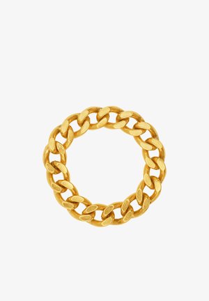 Ring aus goldfarbenem Metall, der überlappende, strukturierte Glieder mit einer glatten Oberfläche aufweist und eine kreisförmige Form mit einheitlichem Design bildet.