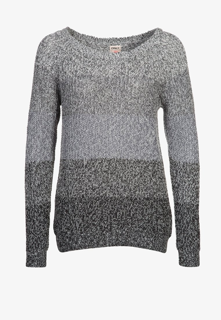 Pull en tricot gris ombré à manches longues et col rond, étiqueté « ONLY » au niveau du col.