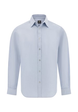 Light blue long-sleeve shirt with a button-up front, pointed collar, rounded hem, and smooth texture. Features six matching buttons.