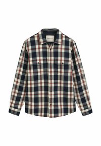 Camisa de cuadros en navy, crema y rojo. Fabricada con una tela de textura suave. Presenta un cuello y dos bolsillos en el pecho con cierres de botón.