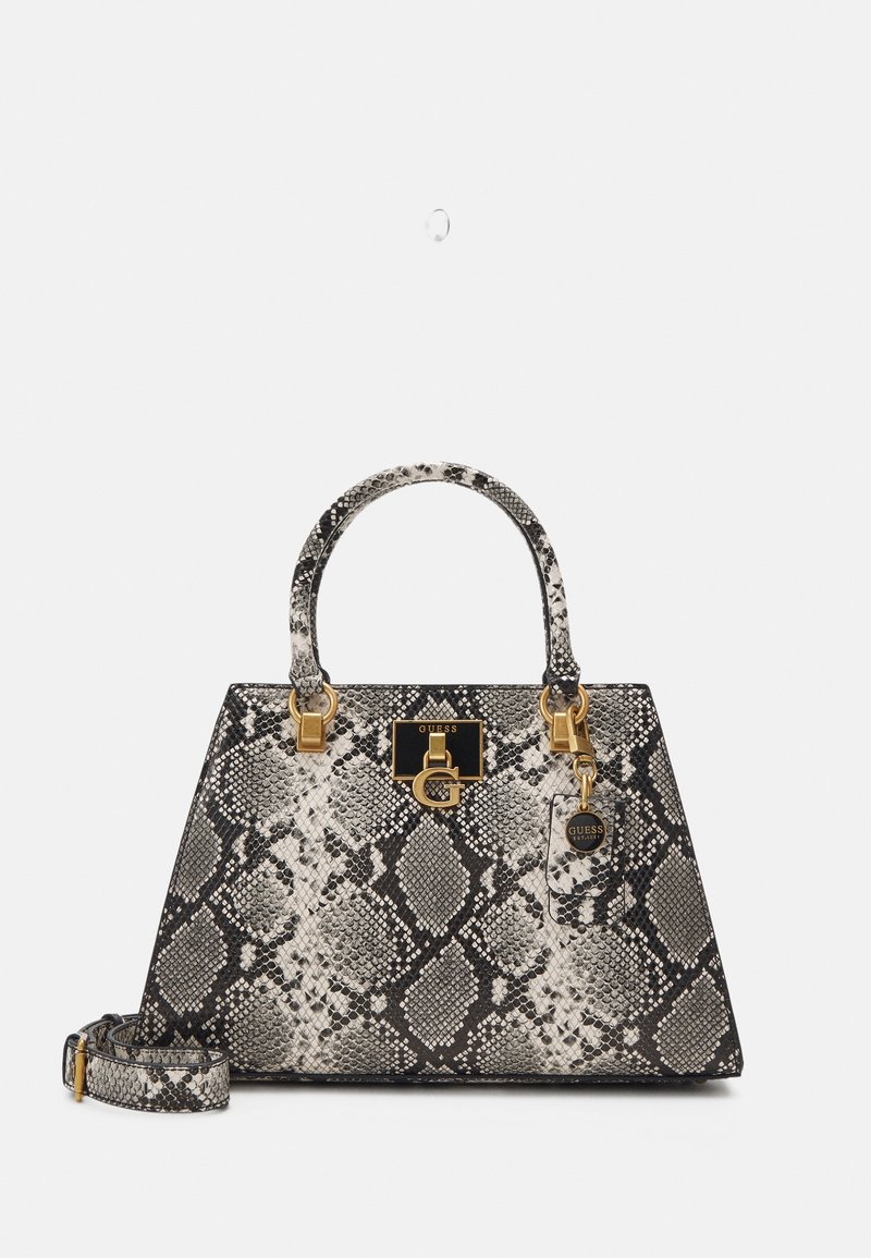 Sac à main structuré avec motif peau de serpent noir et blanc, ferrures dorées, poignées supérieures et bandoulière amovible de Guess.