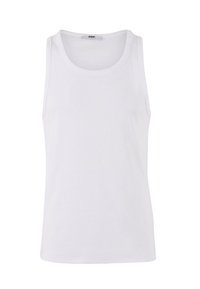 White cotton tank top with a round neckline, sleeveless design, and a smooth texture. Label inside reads "DEF".