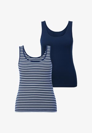 Dvě tílka: jedno jednobarevné námořnicky modré, druhé námořnicky modré s bílými pruhy. Obě mají kulatý výstřih a jsou vyrobená z měkké, elastické látky.