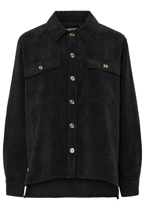 Melna kordurojas krekla jaka ar garām piedurknēm, pogu aizdari, divām krūšu kabatām priekšpusē ar pogām aizsegā un smailu apkakli.