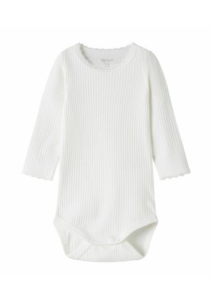 White ribbed infant bodysuit with long sleeves, lace trim on neckline and cuffs, and snap buttons at the crotch.