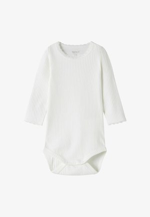 White ribbed infant bodysuit with long sleeves, lace trim on neckline and cuffs, and snap buttons at the crotch.