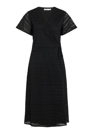 Schwarzes Wickelkleid mit kurzen Ärmeln und aufwendigen Spitzenverzierungen, mit einem seitlichen Bindeband und einem fließenden Saum, geeignet für verschiedene Anlässe.