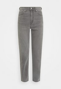 Jeans de mezclilla gris con cintura alta, corte recto, cinco bolsillos y cierre de botón. Textura suave con un leve desgastado a lo largo de las piernas.