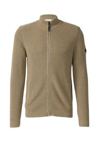 Khakifarbener Reißverschluss-Pullover aus geripptem Strick, mit Stehkragen und langen Ärmeln. Schlichtes Design ohne sichtbare Muster oder Akzente.