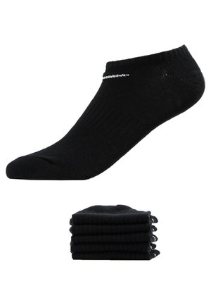 Schwarze Knöchelsocken aus strukturiertem Baumwollstoff, mit einem grauen Akzentstreifen, ordentlich in einem Stapel von sechs Paaren angeordnet.
