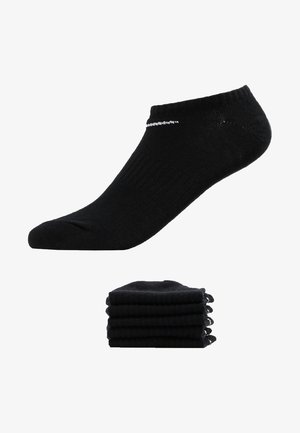 Juodos, tekstūruotos medvilninės apatinės kojinės iki kulkšnies, su pilku akcentiniu dryželiu, sudėtos tvarkingai į šešis poras.