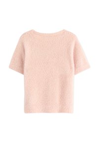 Top corto rosa pallido a maniche corte realizzato in materiale morbido. Presenta un collo rotondo e una texture soft con una forma leggermente ampia.