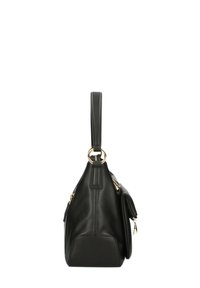 Borsa a mano in pelle nera con una forma strutturata, hardware dorato, un manico superiore singolo e dettagli sulla tasca anteriore. Texture liscia.