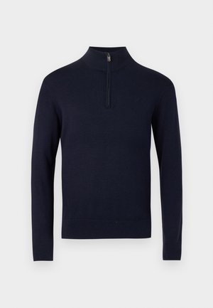 Marineblauwe pullover met een hoge kraag en een kwartritssluiting, gemaakt van een glad gebreide stof, met lange mouwen en een aansluitende onderzoom.