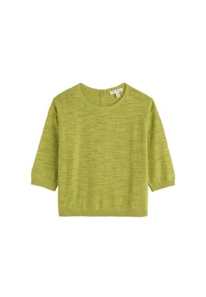 Suéter de punto de manga corta color verde claro con cuello redondo y puños y dobladillo acanalados, exhibido plano sobre un fondo blanco.