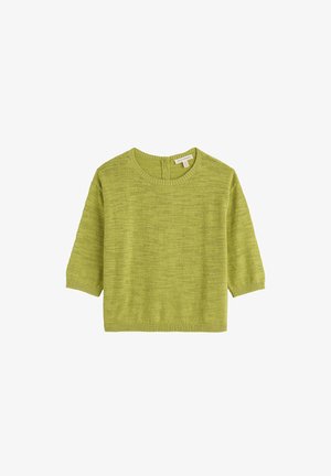 Svetlozelený pletený sveter s krátkym rukávom, okrúhlym výstrihom a rebrovanými manžetami a lemom, položený na bielom pozadí.