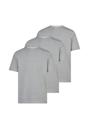 Drei schlichte hellgraue T-Shirts mit kurzen Ärmeln und Rundhalsausschnitt, ohne Muster oder Logos, aufeinander gestapelt vor weißem Hintergrund.