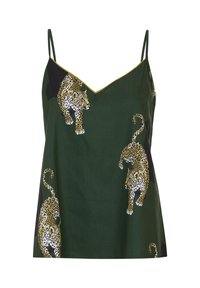 Groene stoffen cami-top met een V-hals, dunne bandjes en een luipaardprintpatroon in gele en zwarte accenten. Gladde textuur, casual ontwerp.