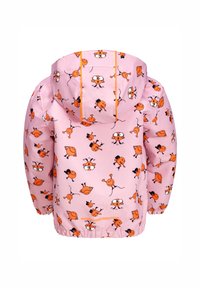 Veste de pluie rose avec des motifs de dessins animés orange vif. Comprend une capuche, des poignets élastiques et un ourlet froncé pour un look ajusté.