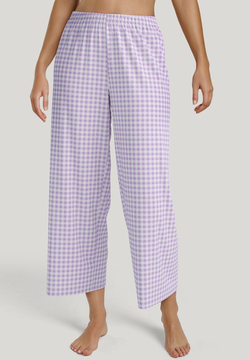 Paarse ruitpatroon brede pijama-broeken met een elastische tailleband, gemaakt van lichtgewicht stof en een ontspannen pasvorm.