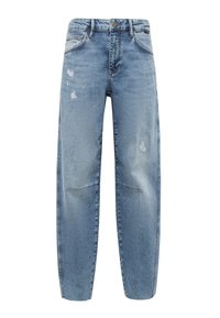 Light blue denim jeans with a loose fit, featuring distressed details, five pockets, and subtle fading throughout the fabric.