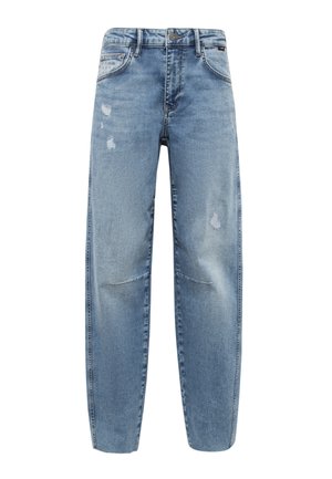 Light blue denim jeans with a loose fit, featuring distressed details, five pockets, and subtle fading throughout the fabric.