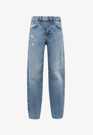 Light blue denim jeans with a loose fit, featuring distressed details, five pockets, and subtle fading throughout the fabric.