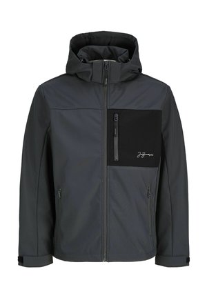 Veste à capuche gris foncé avec fermeture éclair intégrale à l’avant, poche poitrine noire zippée et deux poches latérales zippées.