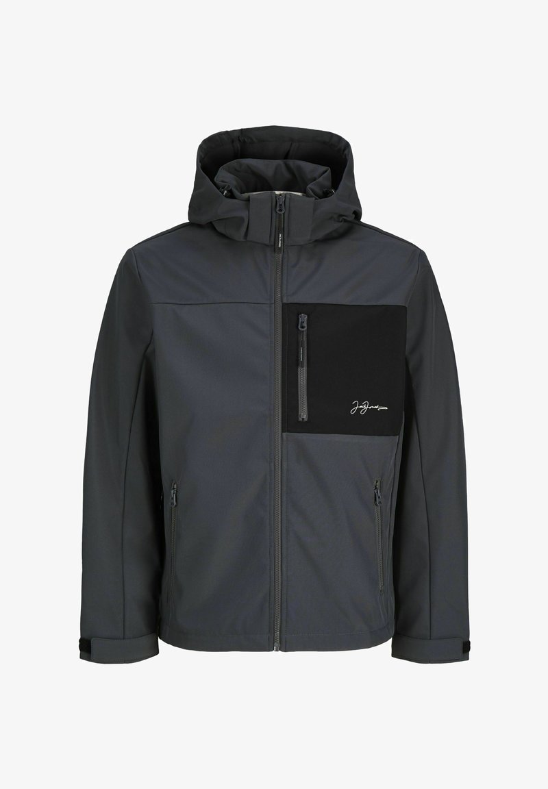 Veste à capuche gris foncé avec fermeture éclair intégrale à l’avant, poche poitrine noire zippée et deux poches latérales zippées.