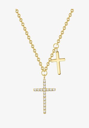 Gouden ketting met twee kruispendanten; de ene versierd met heldere rhinestones, de andere met een gladde gouden afwerking. Kettinglinks zijn zichtbaar.