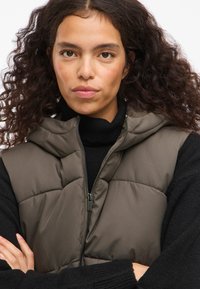 Puf prsluk tamno maslinaste boje, s kapuljačom, prošivenim uzorkom i prednjim zatvaračem; nošen preko crnog džempera s rol kragnom i rebrastim manžetama.