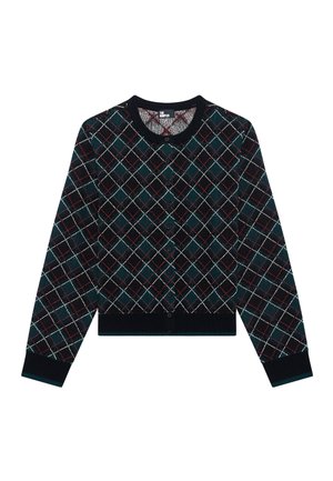 Gebreide cardigan in donker teal met een ruitpatroon in rood en wit, ronde halslijn, knopenlijst en geribbelde manchetten en zoom.