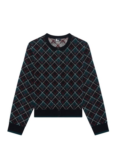 Cardigan in maglia di un verde scuro con un motivo a rombi in rosso e bianco, scollatura rotonda, apertura con bottoni e polsini e orlo a costine.