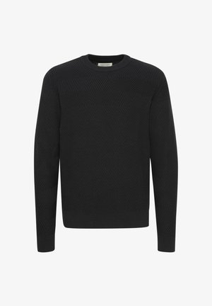 Black sweater featuring a textured zigzag pattern, crew neckline, and long sleeves. Made from knit fabric for a comfortable fit.