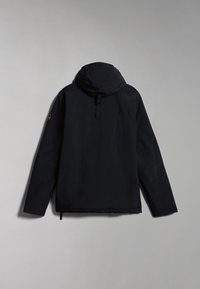 Veste noire à capuche avec une texture lisse, présentant des coutures minimales, un cordon de serrage à l'ourlet et un patch logo sur la manche.