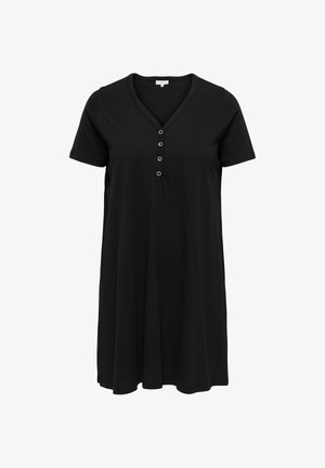 Rochie scurtă, neagră, cu mâneci scurte și decolteu în V, cu patru butoane rotunde pe față, realizată dintr-un material moale și fluid.