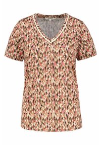 Halenka s krátkým rukávem a výstřihem do V v pestrém abstraktním vzoru s růžovými, hnědými a krémovými tóny. Měkká látka s uvolněným střihem a lehkou texturou.