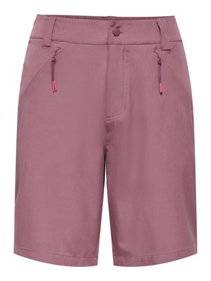 Pantaloni scurți de damă de culoare lavandă, până la genunchi, cu închidere cu nasturi, curele pentru centură și buzunare frontale cu fermoar și capse roz.